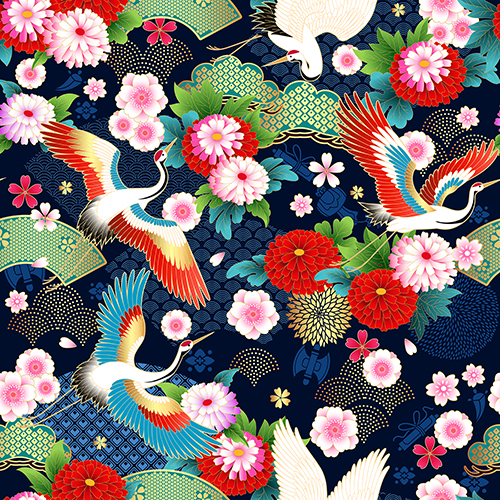 Pattern featuring cranes, colorful flowers, and geometric designs on a dark blue background. Suitable for decoration and design.