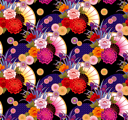 Pattern featuring colorful flowers and fans on a black background. Suitable for decoration and design.