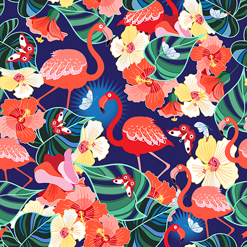 Pattern featuring flamingos, tropical flowers, and large leaves on a vibrant blue background. Suitable for decoration and design.