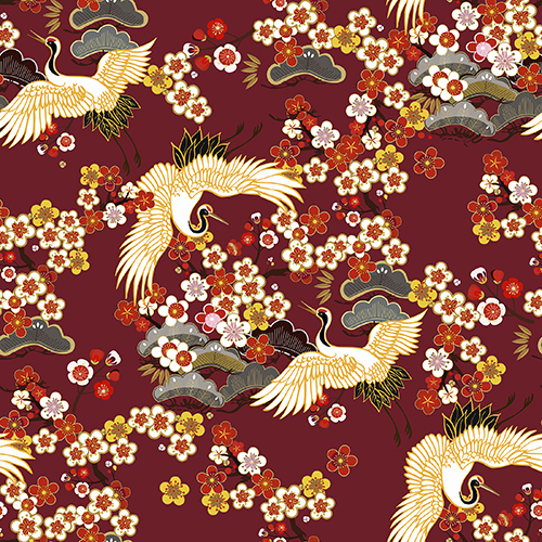 Pattern featuring cranes and cherry blossoms on a rich red background. Suitable for decoration and design.