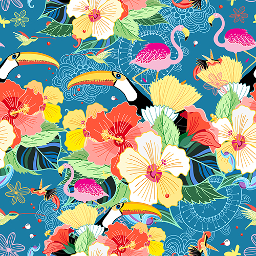 Pattern featuring tropical flowers, toucans, and flamingos on a vibrant blue background. Suitable for decoration and design.