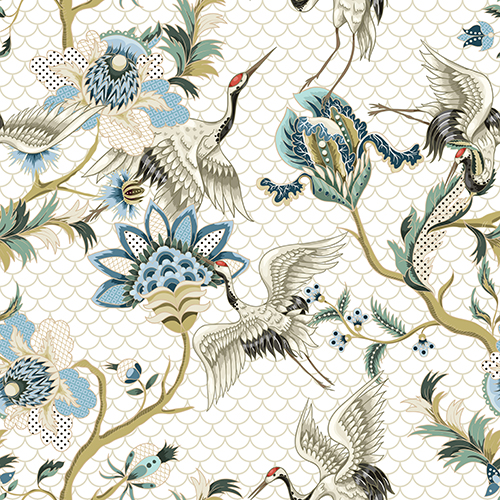 Pattern featuring cranes and floral designs on a beige background with a subtle geometric pattern. Suitable for decoration and design.