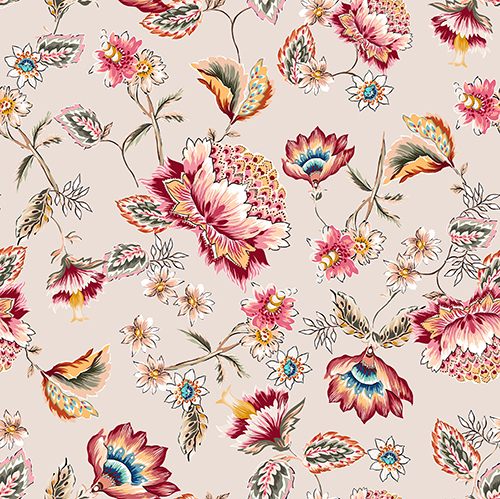 Pattern featuring colorful floral designs on a beige background. Suitable for decoration and design.