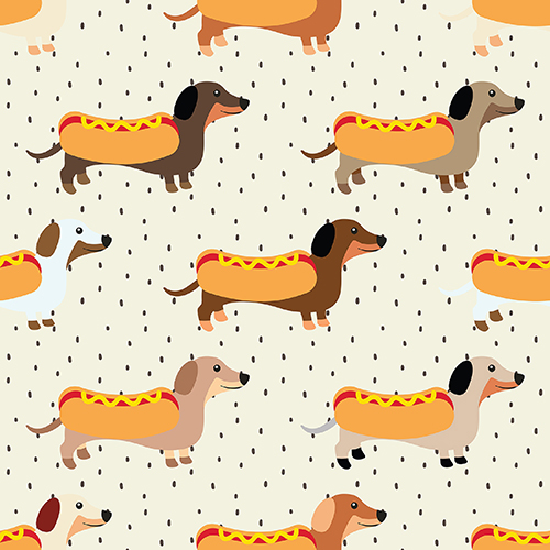 Pattern featuring cartoon Dachshunds dressed as hot dogs on a light beige background with small black dots. Suitable for decoration and design.