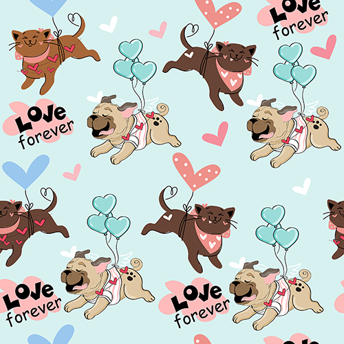 Pattern featuring adorable pugs and cats with heart-shaped balloons and "Love forever" text on a light blue background.