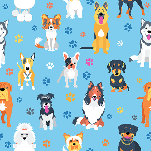 Pattern featuring various dog breeds on a blue background with colorful paw prints. Suitable for decoration and design.