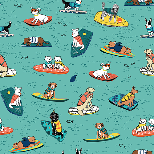 Pattern featuring various dogs surfing on a teal background. Suitable for decoration and design.