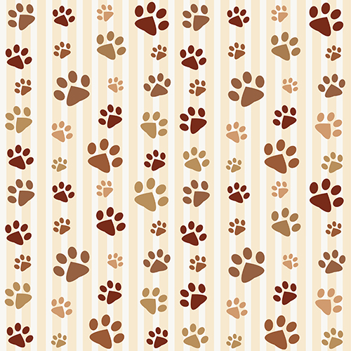 Pattern featuring various colored paw prints on a beige striped background. Suitable for decoration and design.
