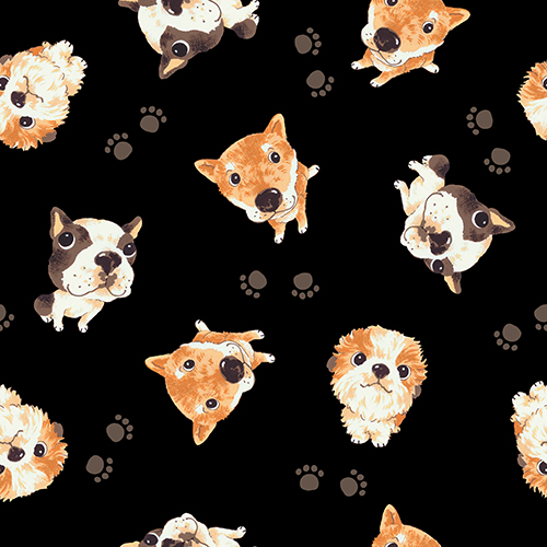 Pattern featuring various dog heads including French Bulldog, Shiba Inu, and Pekingese on a black background with paw prints. Suitable for decoration and design.