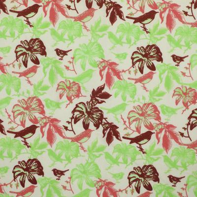 A detailed view of a fabric with a light green, brown, and red bird and foliage pattern.