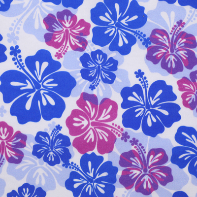 Fabric with a floral pattern featuring blue and purple flowers on a white background.