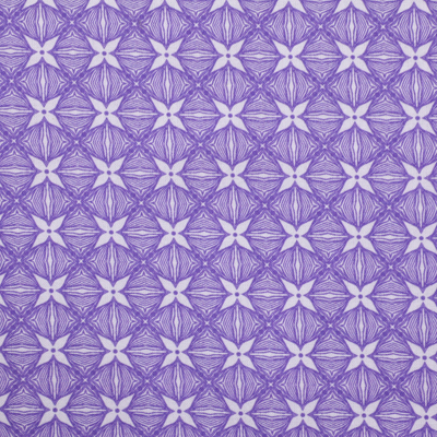 A seamless fabric pattern featuring a geometric design with star-shaped motifs in white, intricately set against a vibrant purple background. The symmetrical arrangement of the pattern creates a sense of balance and harmony.