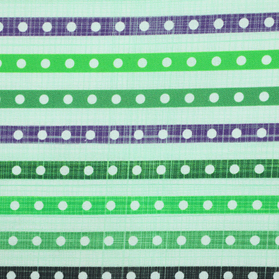 A fabric with alternating green and purple striped patterns adorned with white polka dots.