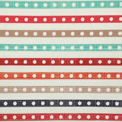 An image of fabric featuring horizontal stripes in shades of red, orange, blue, and teal, each adorned with polka dot patterns. The fabric is displayed flat, showing the full pattern with a ruler at the bottom for scale.