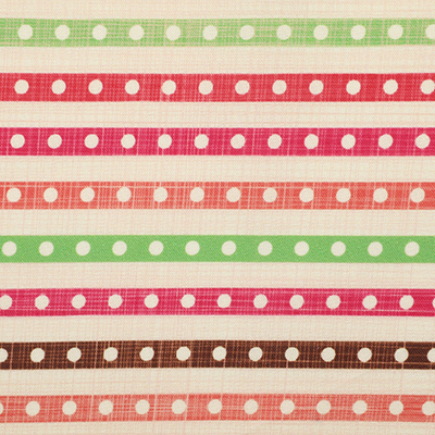 A detailed view of a fabric featuring horizontal stripes in various shades of red, pink, green, and brown, each adorned with polka dot patterns. The fabric is displayed flat, showcasing its design.