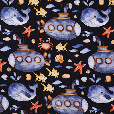 A detailed view of a black fabric featuring colorful illustrations of submarines, whales, starfish, crabs, and various fish. The design includes seashells and bubbles, creating a vibrant underwater scene.