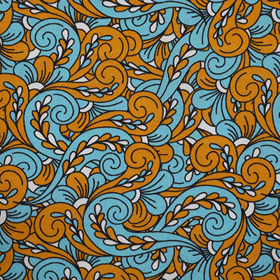 A close-up image of a fabric with intricate blue and orange swirling patterns, showcasing the fabric design in a flat, unfolded state.