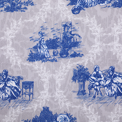 Fabric featuring a vintage toile design in blue on a light gray background, showcasing pastoral scenes with people and landscapes.