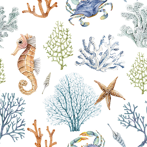 Seamless pattern with watercolor illustrations of corals and sea animals, including seahorses, crabs, and starfish.