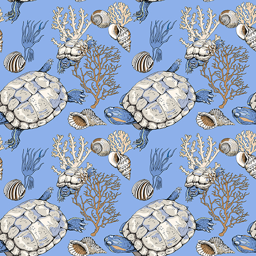 Seamless pattern with sea turtles, corals, and seashells on a blue background.