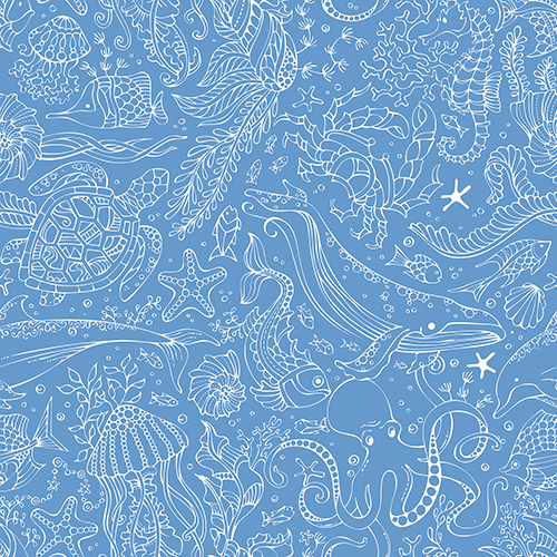 Seamless pattern with outlined sea animals on a blue background.