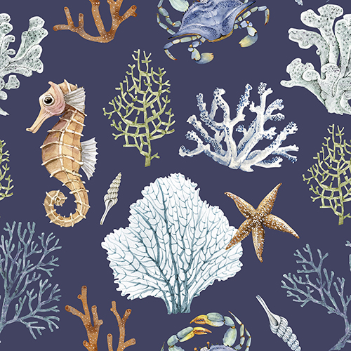 Seamless pattern with watercolor illustrations of corals and sea animals on a dark blue background.