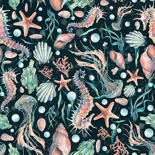 Seashells, starfish, seahorses, and jellyfish with corals and bubbles watercolor illustration.
