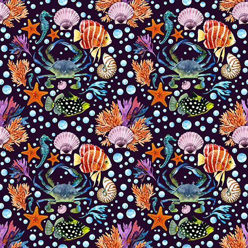Seamless pattern of a marine tropical theme with seahorses, crabs, starfish, and fish on a dark background.