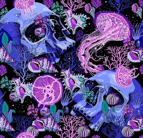 Underwater scene with skulls, jellyfish, and corals in vibrant neon colors.