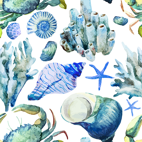 Seamless pattern featuring watercolor illustrations of sea corals, shells, and marine animals.
