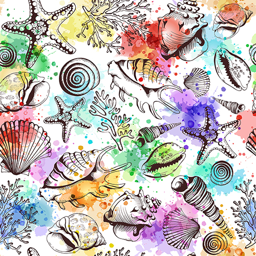Seamless pattern with vibrant watercolor illustrations of sea shells, corals, and marine life.
