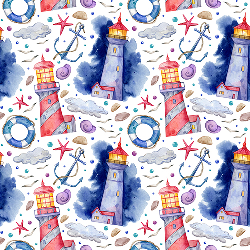 Watercolor painting seamless pattern featuring sea shells, boats, lighthouses, whales, corals, and marine elements.