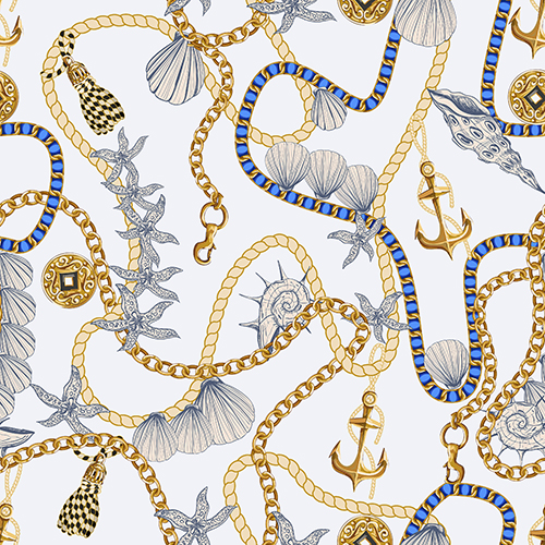 Marine-themed seamless pattern featuring nautical elements such as ropes, anchors, seashells, and starfish intertwined with golden chains.