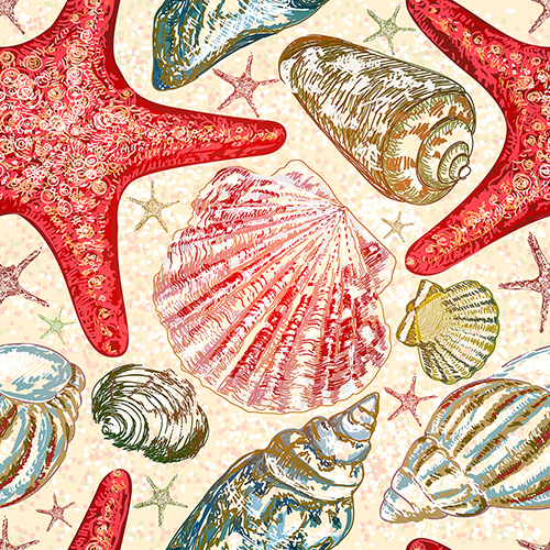 Seamless pattern featuring various colorful seashells and starfish on a light beige background.