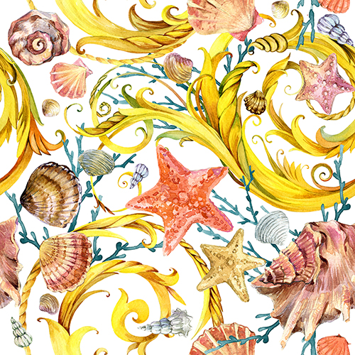 Seamless pattern with tropical seashells and corals, featuring an exotic underwater world in watercolor style.