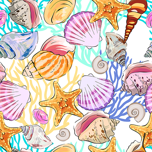 Seamless pattern with colorful seashells and starfish, showcasing vibrant marine life in an intricate design.