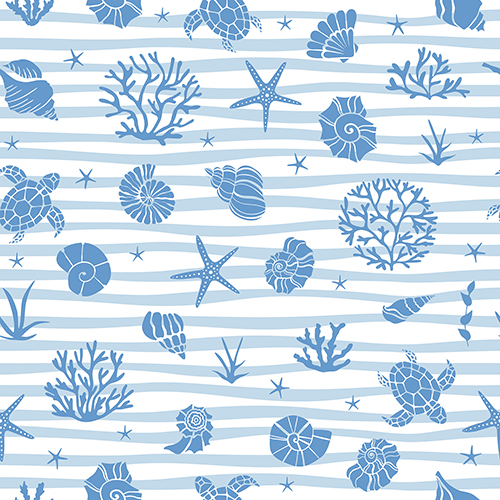 Blue seamless pattern with underwater life objects seashells.