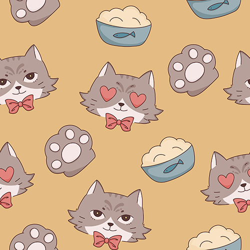 Cute cat pattern on a khaki background, featuring cat faces with bow ties, cat paws, and a bowl of rice.