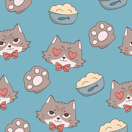 Cute cat pattern on a blue background, featuring cat faces with bow ties, cat paws, and a bowl of rice.
