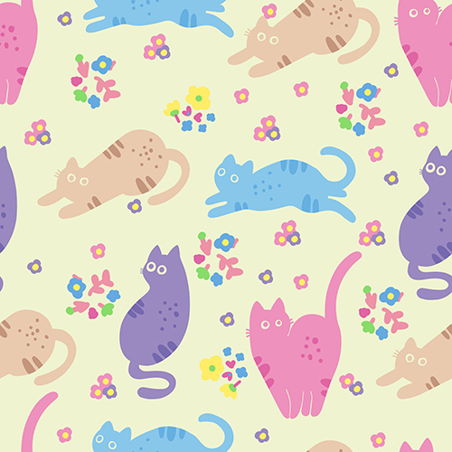 Cute cat pattern with colorful cats and flowers on a beige background.