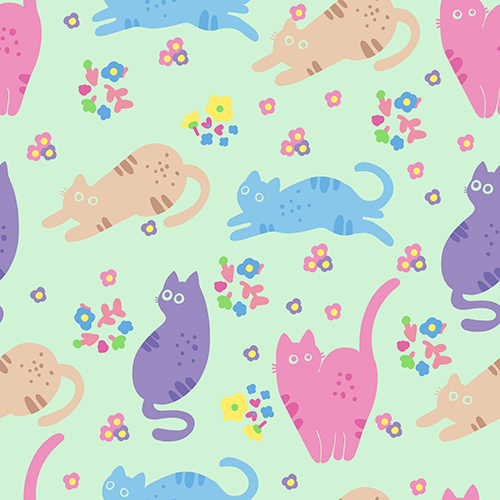 Cute cat pattern with colorful cats and flowers on a light green background.