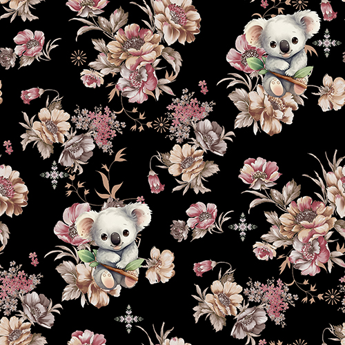 Cute Koala and Floral Pattern on Black Background Quilting Fabric