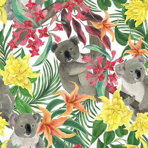 Watercolor Painting Seamless Pattern With Cute Koala Bears And Tropical Flowers