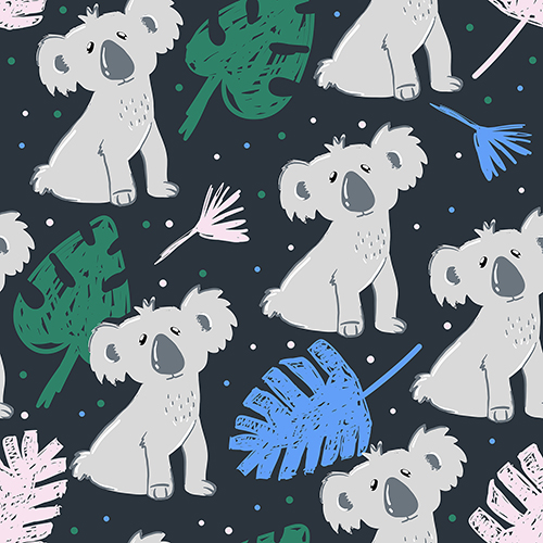 Adorable Koala Seamless Pattern with Tropical Leaves