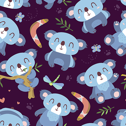 Adorable Koala Cartoon Seamless Pattern with Boomerang and Butterfly