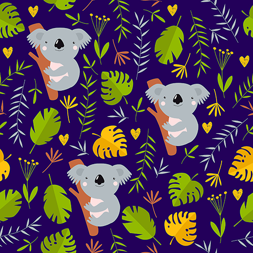Cute Koala Seamless Pattern with Colorful Leaves on Dark Background