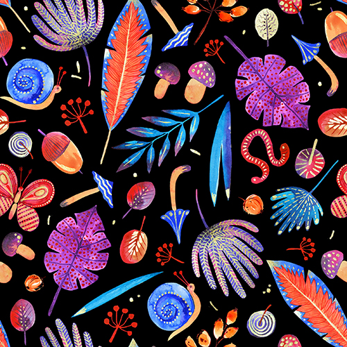 Hand Drawn Fantasy Plants and Bugs Seamless Pattern on Black Background
