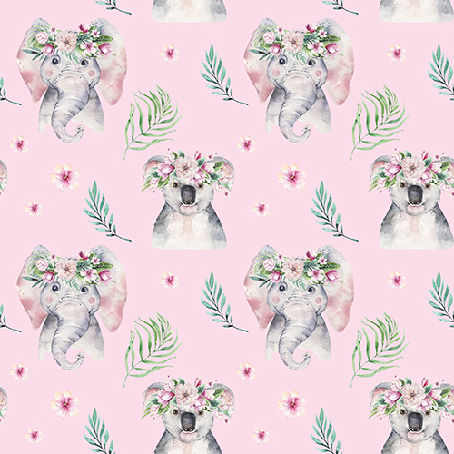 Watercolor Floral Elephant and Koala Pattern on Pink Background