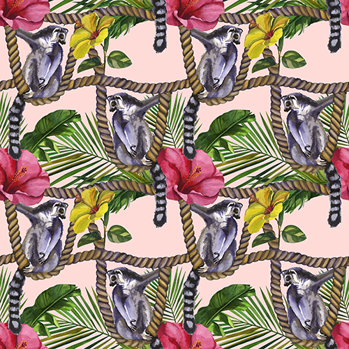 Tropical Lemurs and Flowers Watercolor Pattern on Pink Background