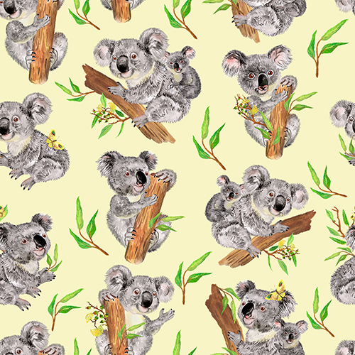 Seamless Koalas Watercolor Pattern on Yellow Background